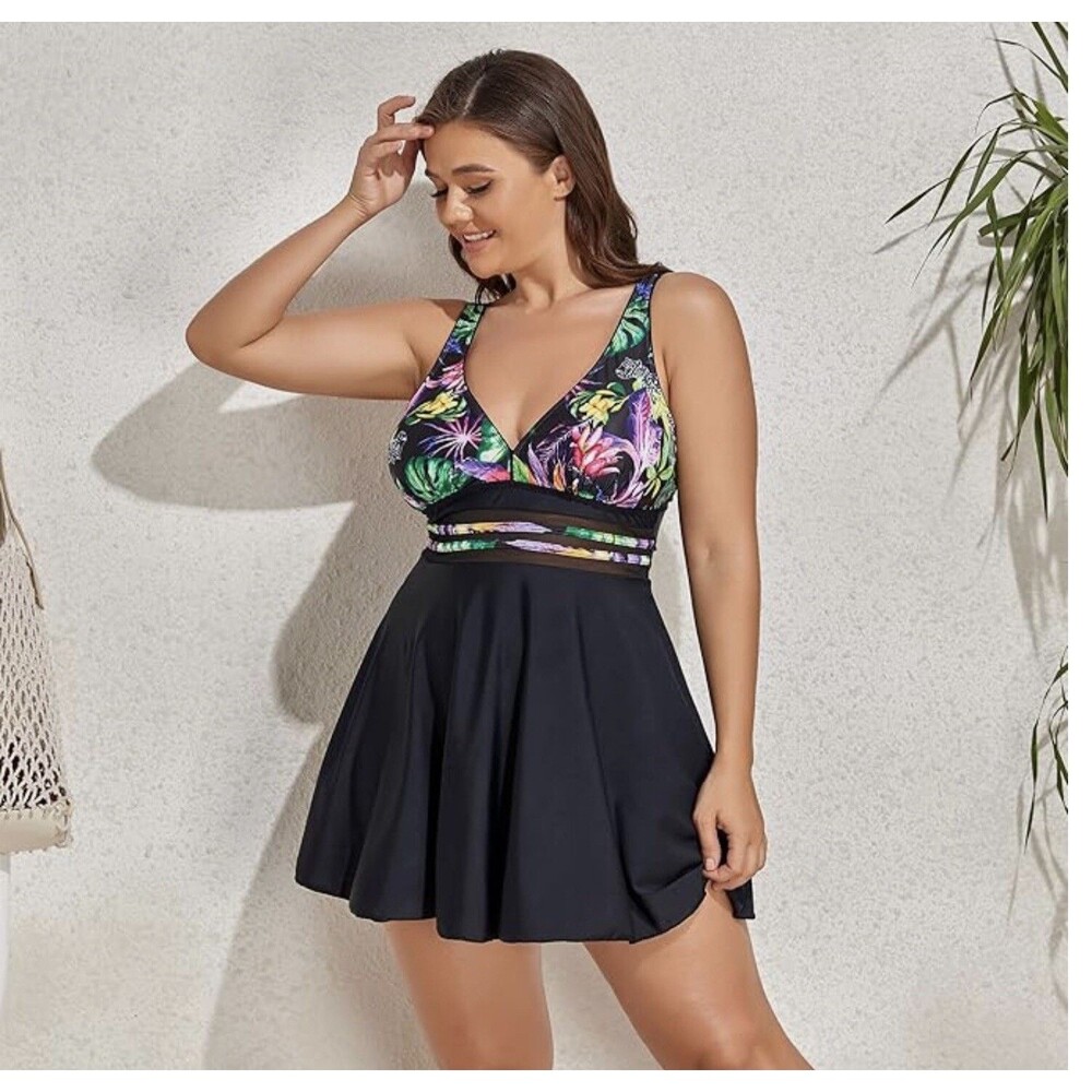 NWT BIKINX Tankini Swim Top Black Skirt With Floral‎ Top 3XL  Adjustable Straps